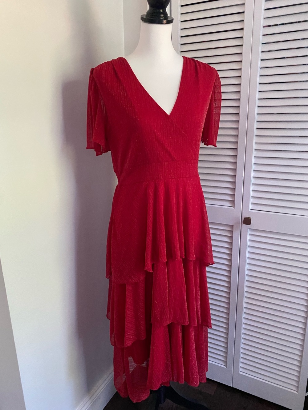 NWT - Ember Red Silver Stripe V-Necked Tiered Dress, Size Large